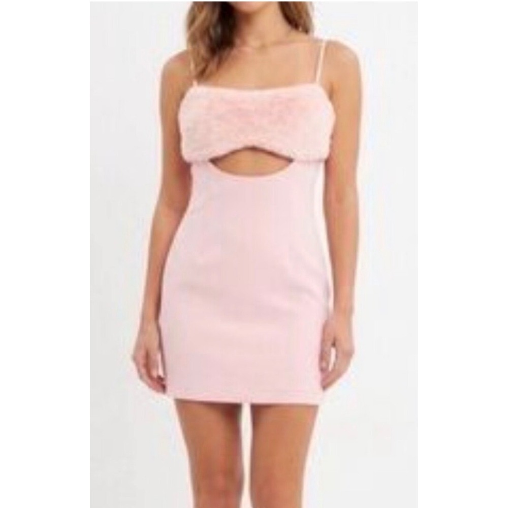 Naked Wardrobe Pink Faux Fur Trim Cutout Mini Dress Small‎ NWT